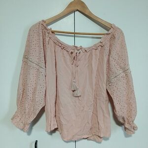 LUQ Pink Eyelet Lace Babydoll Top XL Puff Sleeve Peasant Boho